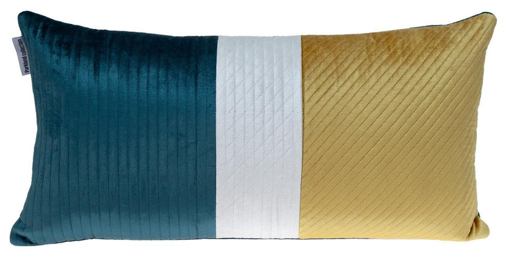 Sea Green and Yellow Quilted Colorblock Velvet Lumbar Throw Pillow