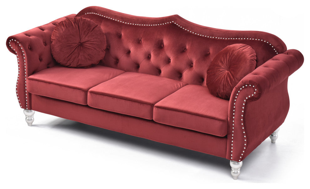 Hollywood Velvet Tufted Sofa, Burgundy