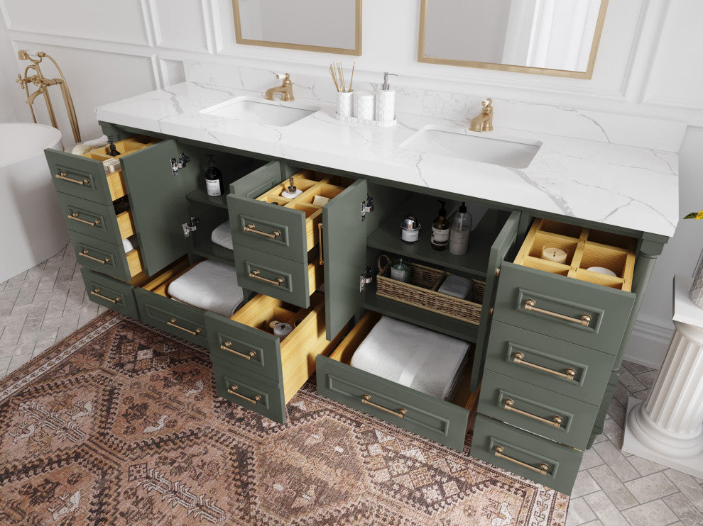 Aberdeen 84 Double Sink Bath Vanity in Pewter Green 2" Calacatta Black