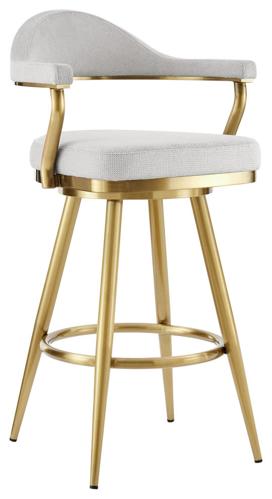 Justin 26" Swivel Counter Stool, Gold Brushed Stainless Steel and Silver Fabric