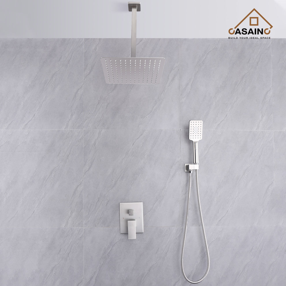 CASAINC 12" Ceiling Mounted Modern Waterfall Shower System Set, Brushed Nickel