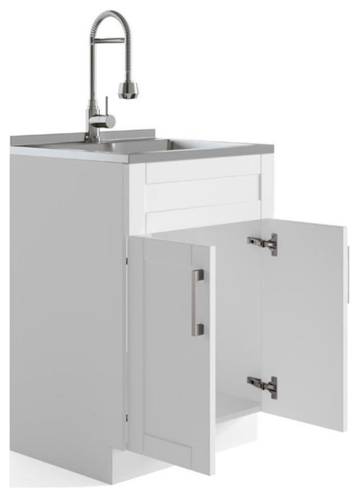 Deluxe 24 Inch Laundry Cabinet With Faucet & Stainless Steel Sink, Pure White