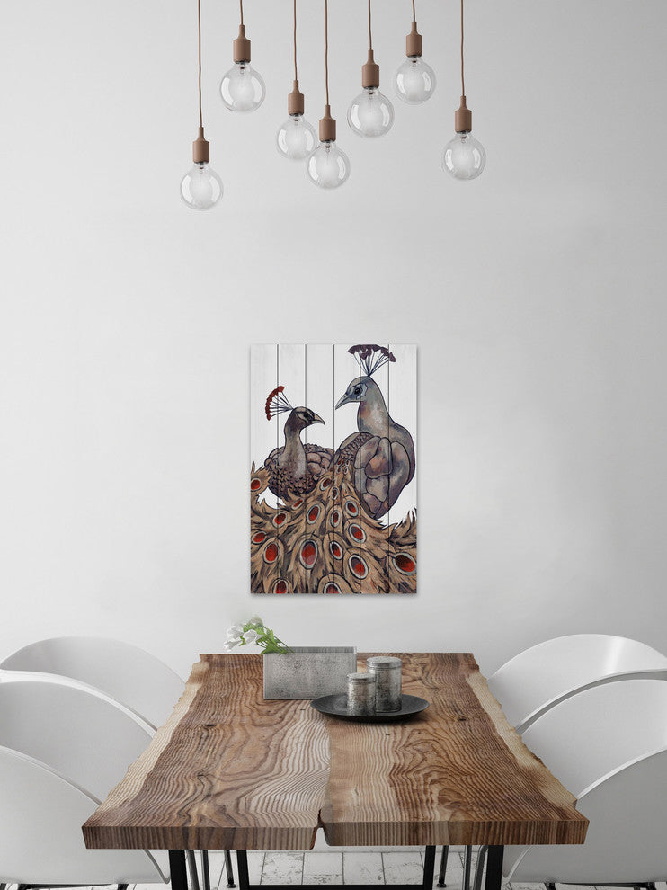 "Peacock Partner II" Painting Print on White Wood, 16"x24"