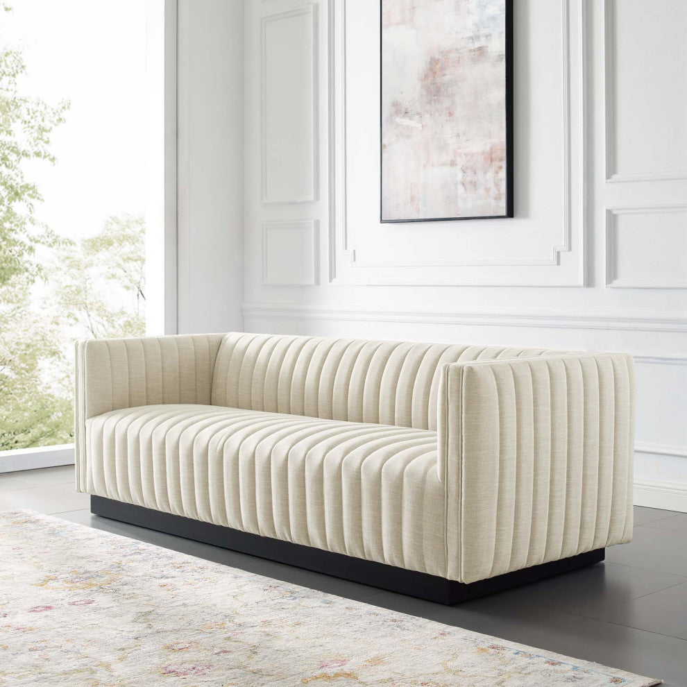 Tufted Sofa, Fabric, Beige, Modern, Living Lounge Room Hotel Lobby Hospitality