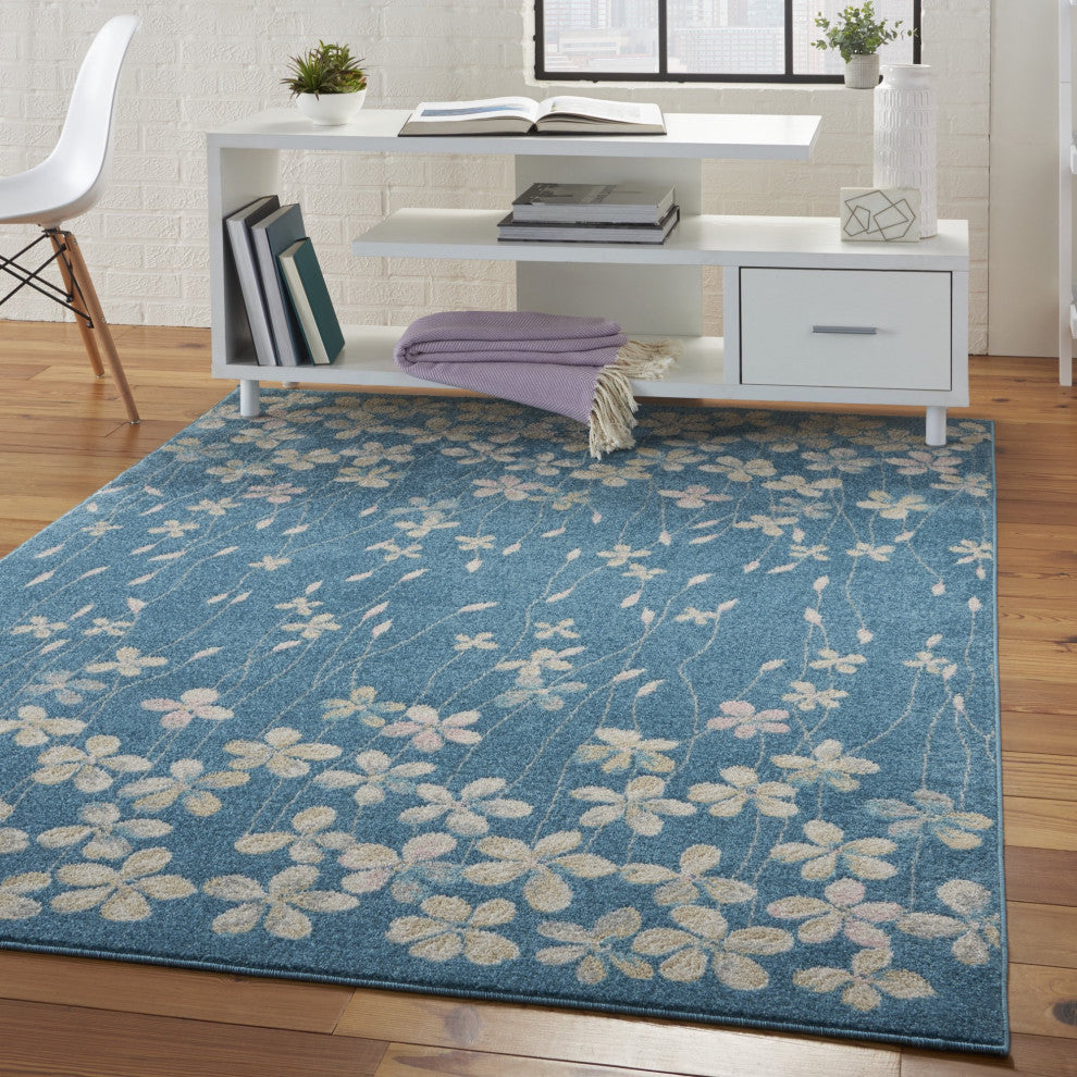 Bohemian Area Rug, Polypropylene With Floral Pattern, Turquoise, 8'10" X 11'10"