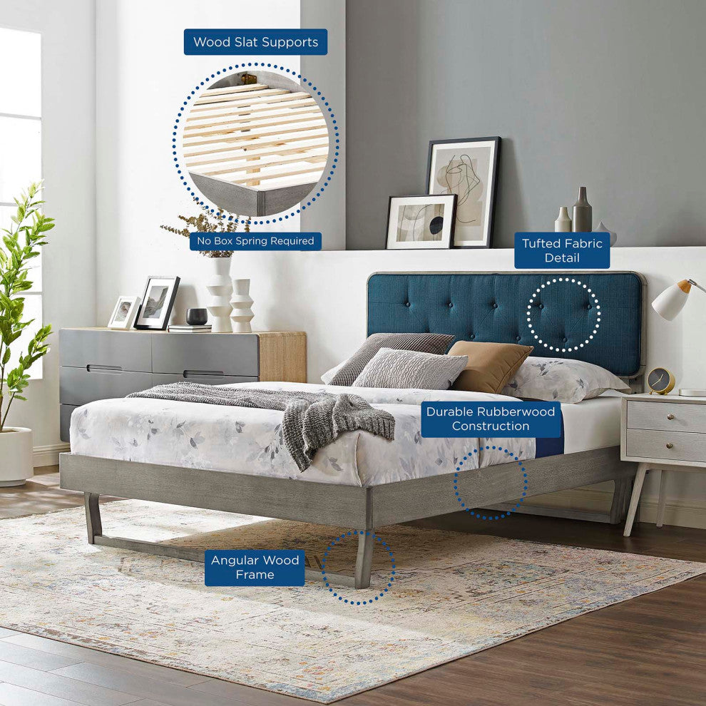 Platform Bed Frame, Queen Size, Fabric, Wood, Gray Navy Blue, Modern