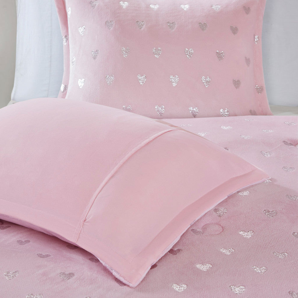 Mi Zone Rosalie Metallic Printed Plush Comforter Set, Pink/Silver