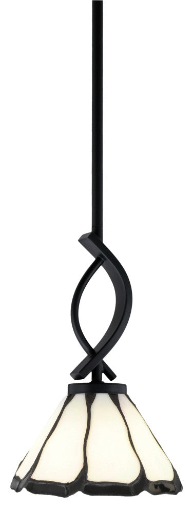Cavella Stem Mini Pendant, Matte Black Finish, 7" Pearl & Black Flair Art Glass