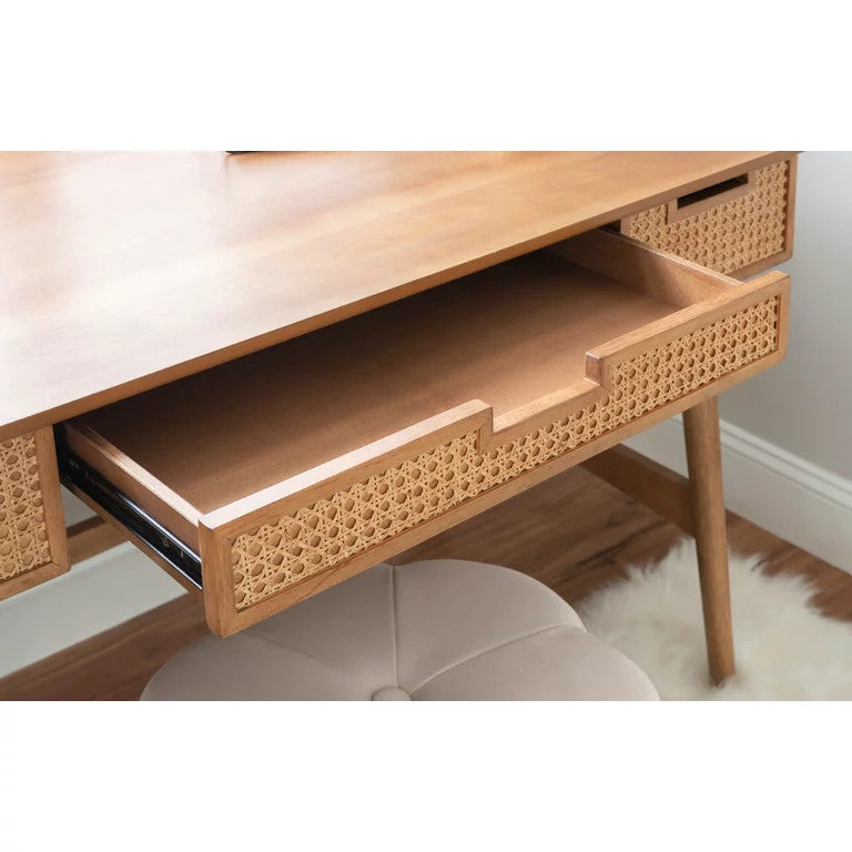 Mid Century Desk, Hardwood Frame & 3 Storage Drawers With Rattan Front, Natural