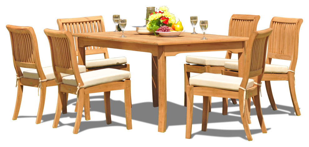 9-Piece Outdoor Teak Dining Set: 83" Rect Table, 8 Arbor Stacking Armless Chairs