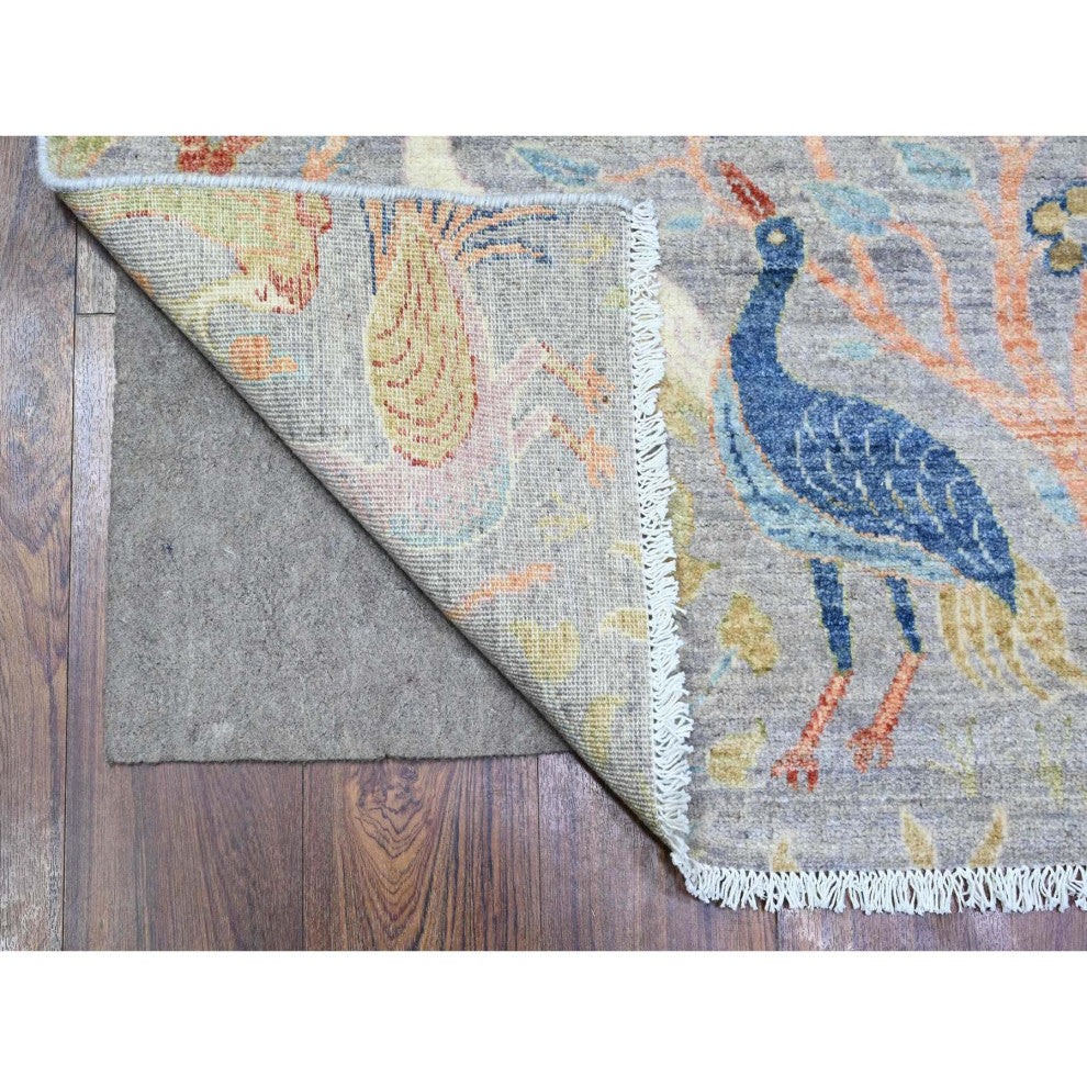 Berry Blue Birds Paradise Peshawar Wool Hand Knotted Wide Runner Rug 4'1"x11'10"