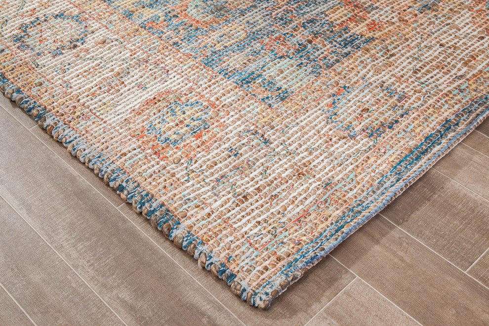Blue Floral Ivory Border Jute/Chenille, 5'x7'