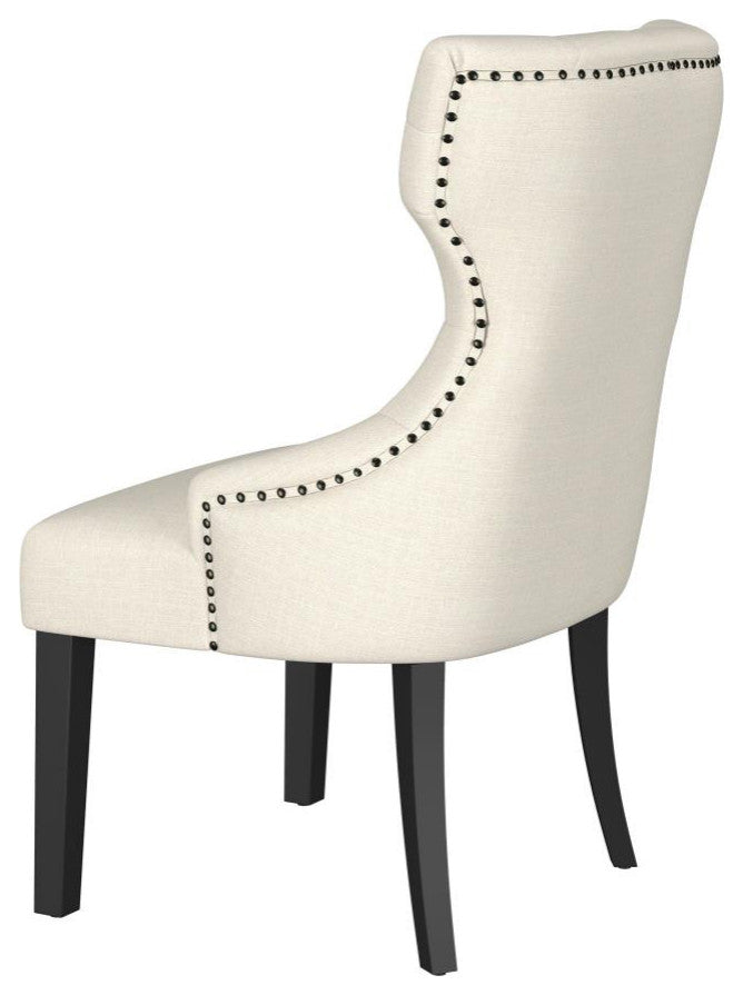 Upholstered Dining Side Chair With Tufted Back, Beige and Distressed Black