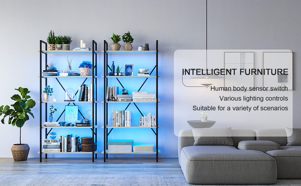 Multifunctional Smart Industrial 5-Shelf Bookcase W/ Tricolor Dimming LED Light,