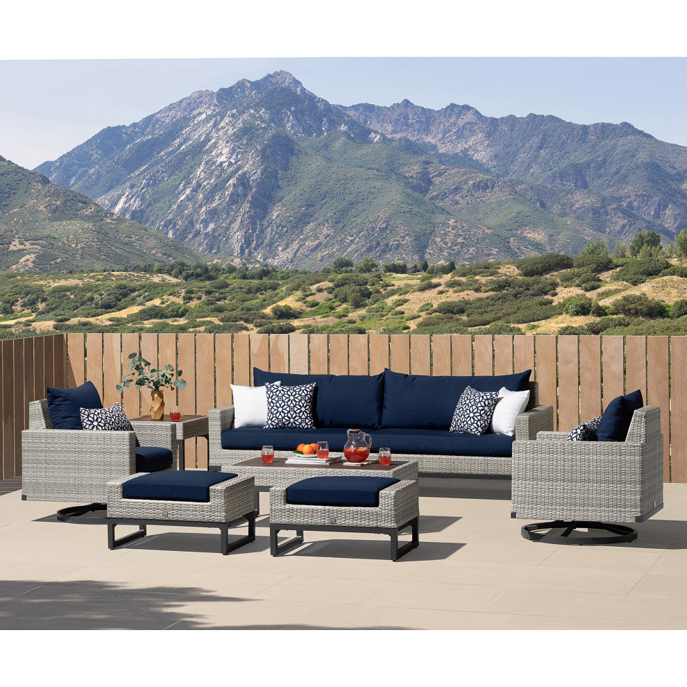 Milo Gray 8 Piece Sunbrella Outdoor Patio Motion Seating Set, Navy