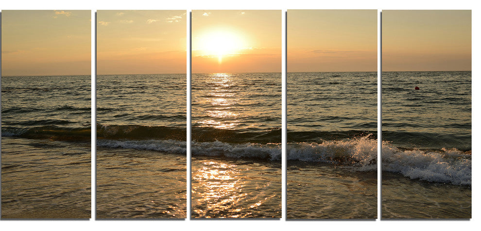 "Black Seascape in Morning Sunlight" Beach Canvas Wall Art, 5 Panels, 60"x28"