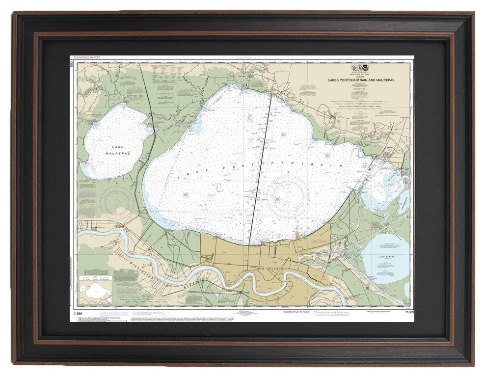 Nautical Chart, Lakes Pontchartrain and Maurepas, Framed
