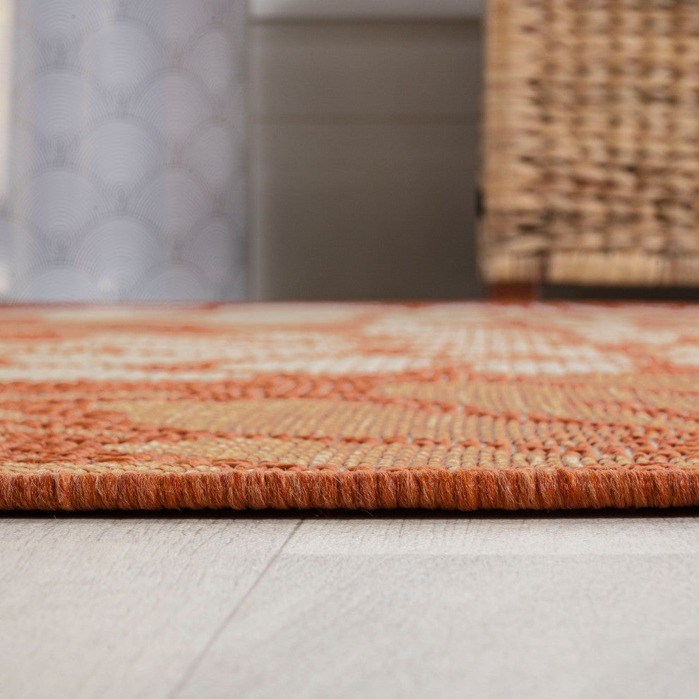 Zinnia Modern Floral Textured Weave Indoor/Outdoor, Orange/Cream, 2x10