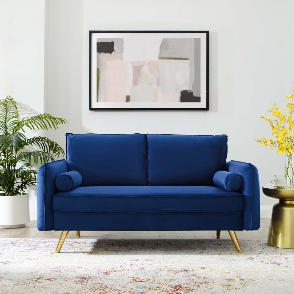 Loveseat Sofa, Velvet, Blue Navy, Modern, Living Lounge Hotel Lobby Hospitality