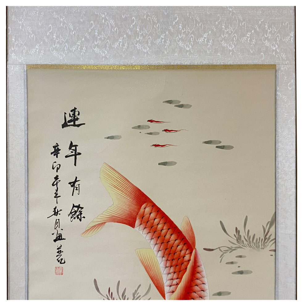 Chinese Fengshui Koi Fish Color Ink Scroll Painting Quality Wall Art Hws1887