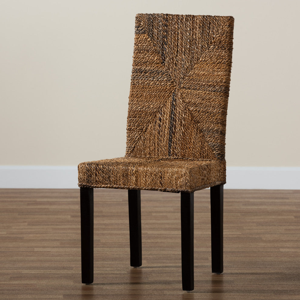 Laymi Modern Bohemian Dark Brown Mahogany Wood and Banana Fiber Dining Chair