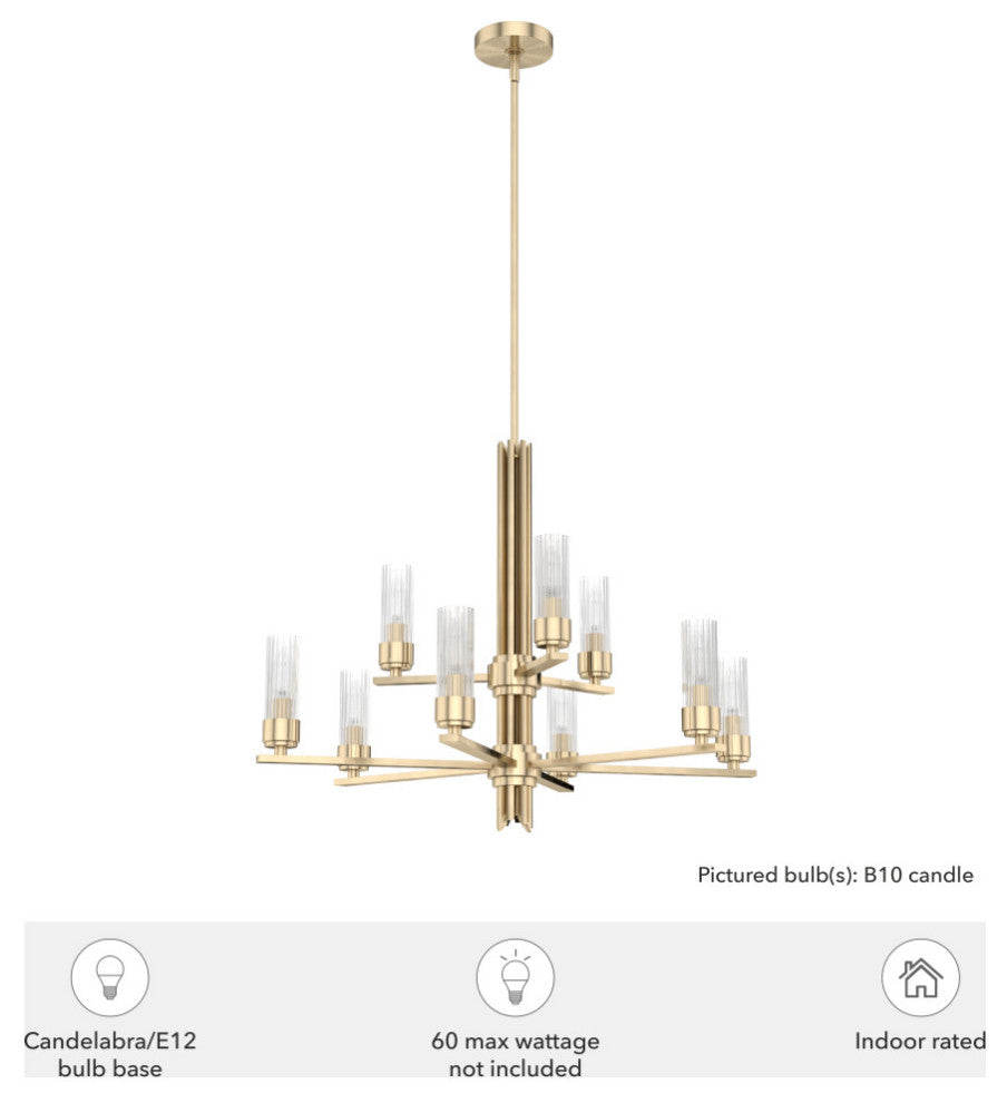 Gatz Alturas Gold, Ribbed Glass 9 Light 2-tier Chandelier Ceiling