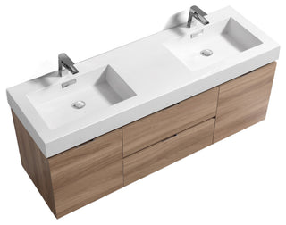 Bliss 60'' Wall Mount Double Sink Modern Bathroom Vanity, Honey Oak