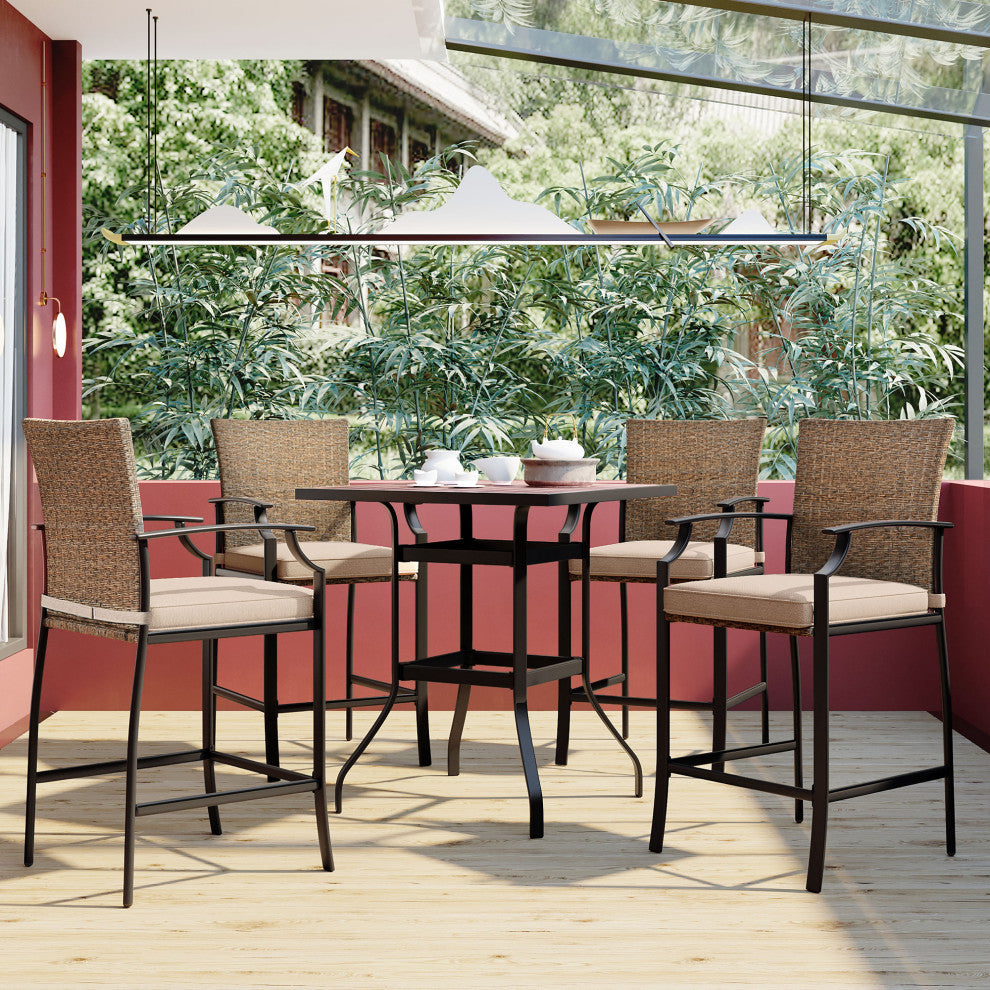 5 Pieces Outdoor Patio Rattan Counter Height Dining Table Set With Cushions