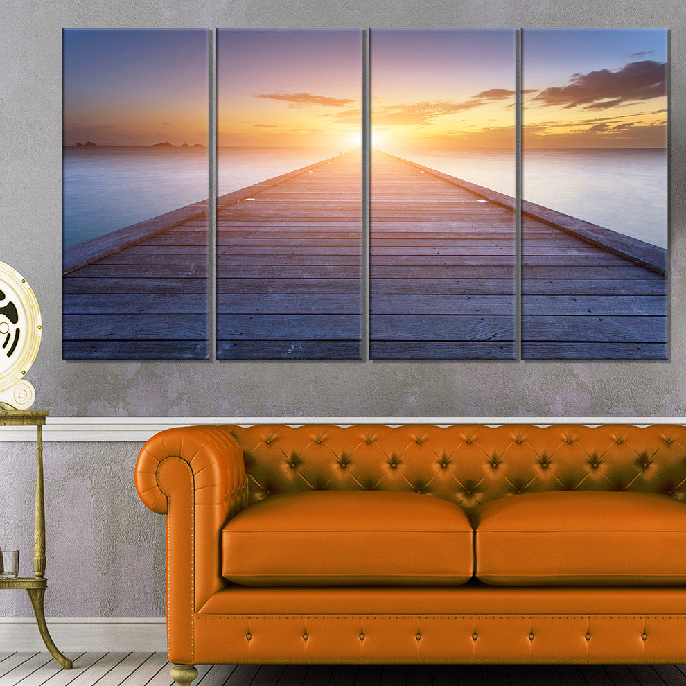 "Wooden Pier To Bright Evening Sun" Sea Bridge Wall Artwork, 4 Panels, 48"x28"