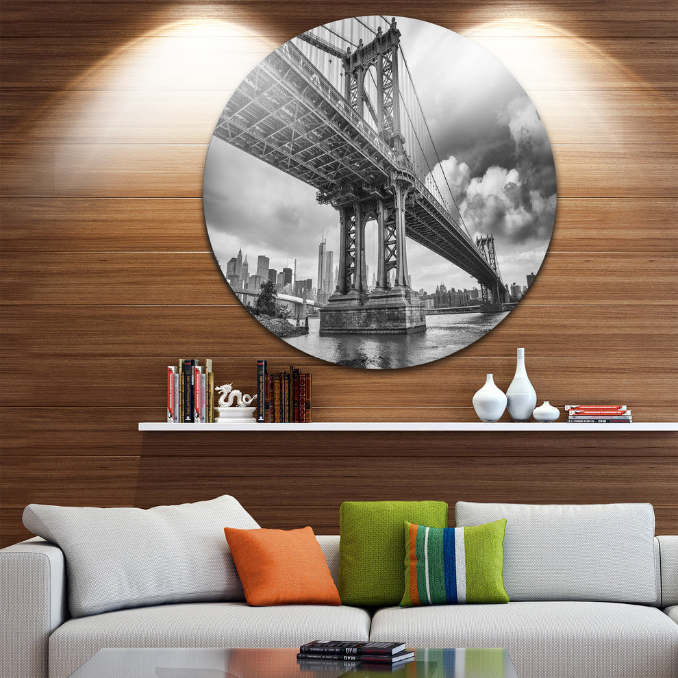 Manhattan Bridge In Gray Shade, Cityscape Photo Disc Metal Artwork, 11"