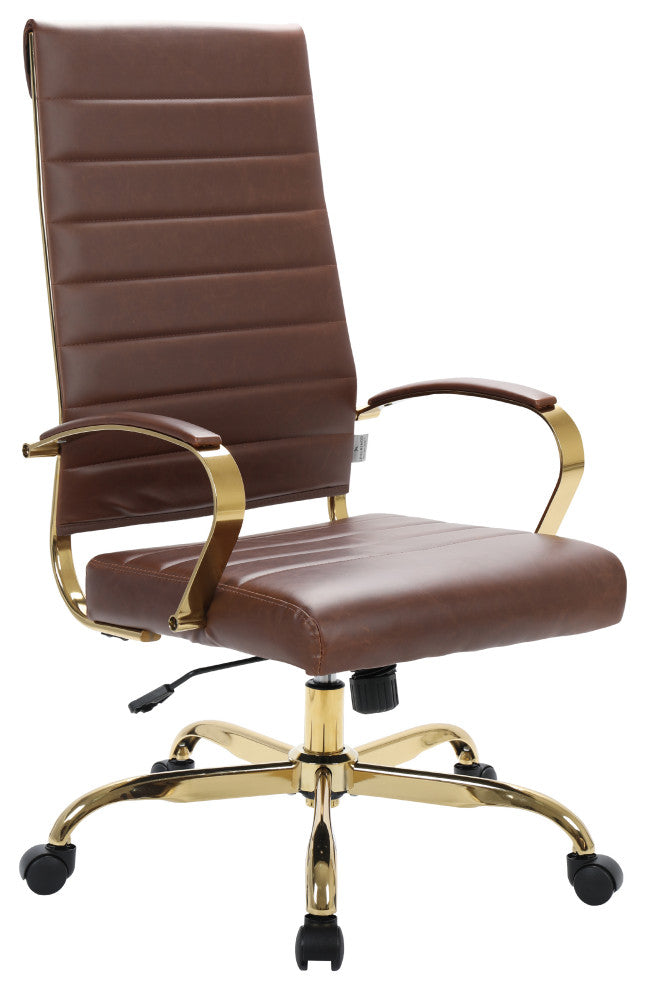 LeisureMod Benmar High-Back Leather Office Chair With Gold Frame