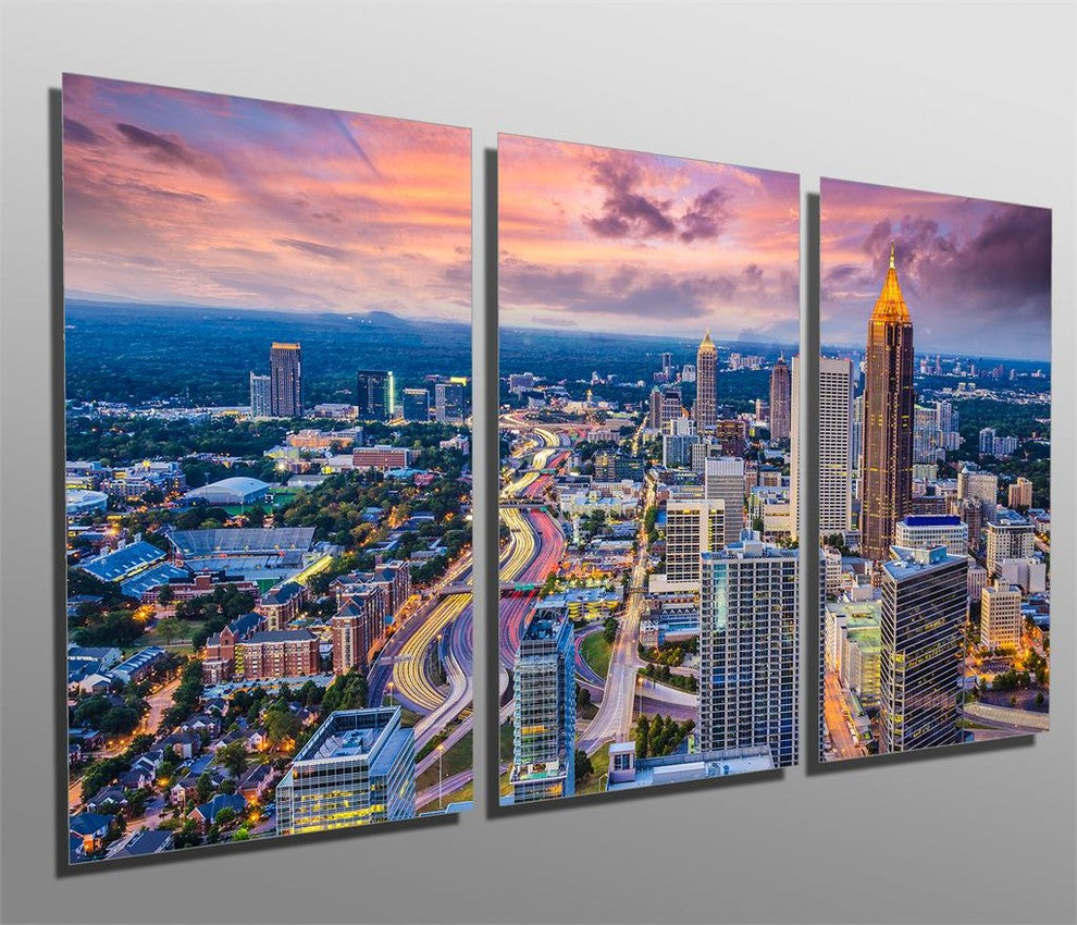 Atlanta, Georgia Skyline Metal Print Wall Art, 3 Panel Split, Triptych, 36x18