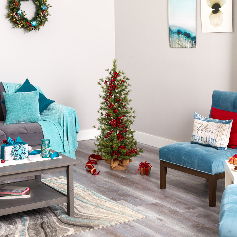 4' Berry and Pine Faux Xmas Tree W/ 100 Warm White Lights & Burlap Wrapped Base