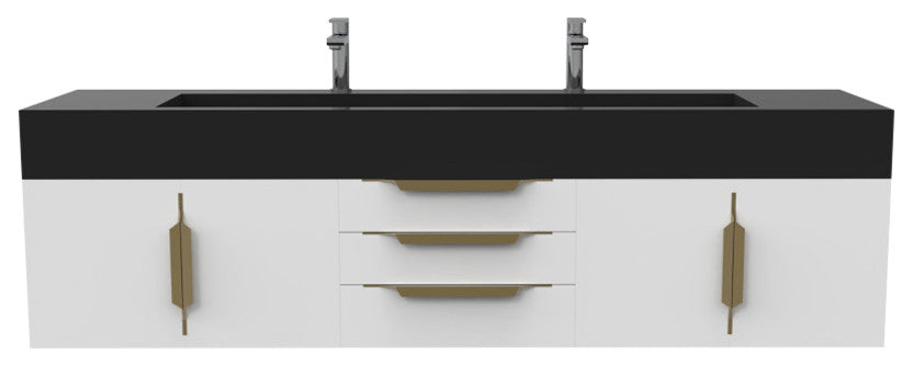 CastelloUSA Nile 72" Wall Mounted Bathroom Vanity Set, White, Black Top, Gold Handles