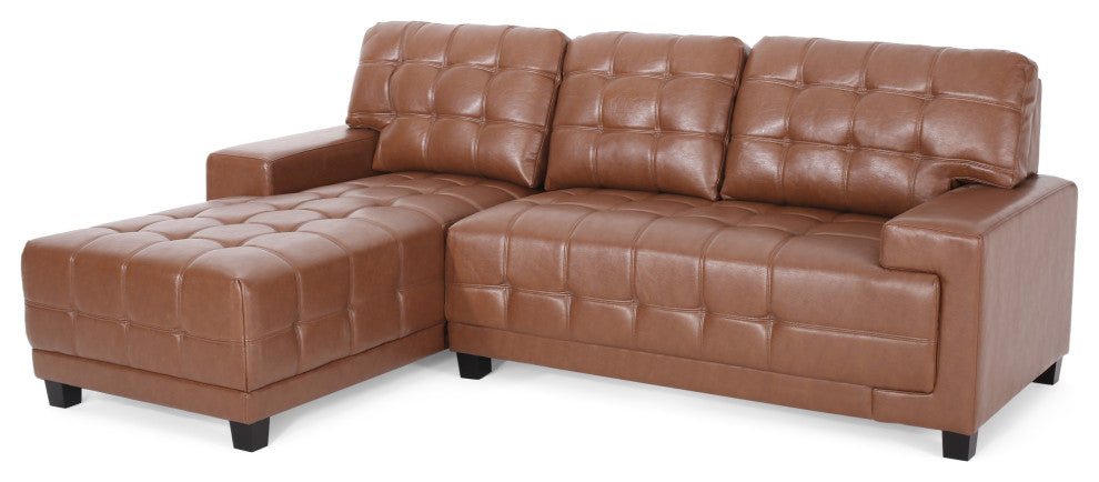 Littell Faux Leather Tufted 3 Seater Sofa, Chaise Sectional Set, Cognac/Brown