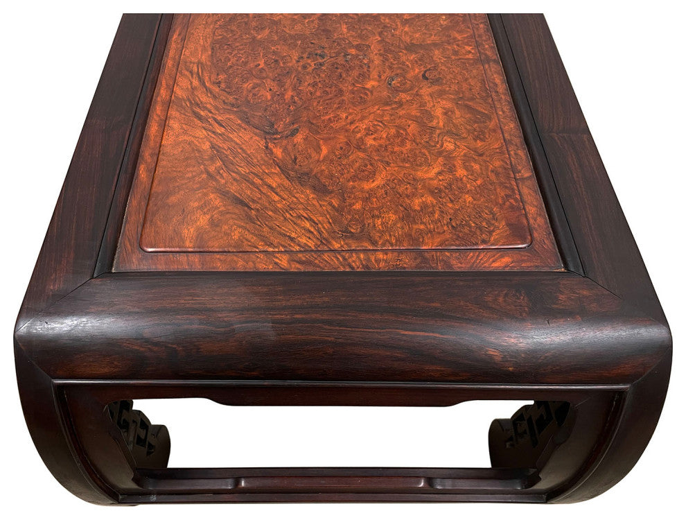 Consigned Antique Chinese Rosewood Carved Coffee Table with Burl Wood Top