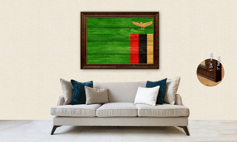 Zambia Country Textured Flag Print With Brown Gold Frame, 23"X33"