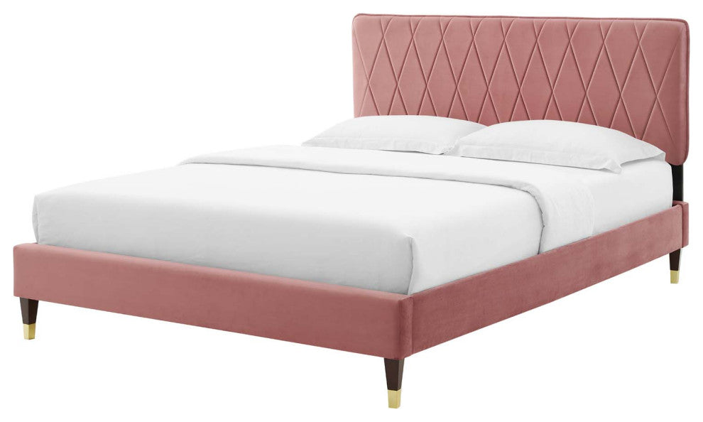 Platform Bed Frame, Queen Size, Velvet, Pink, Modern Contemporary, Bedroom