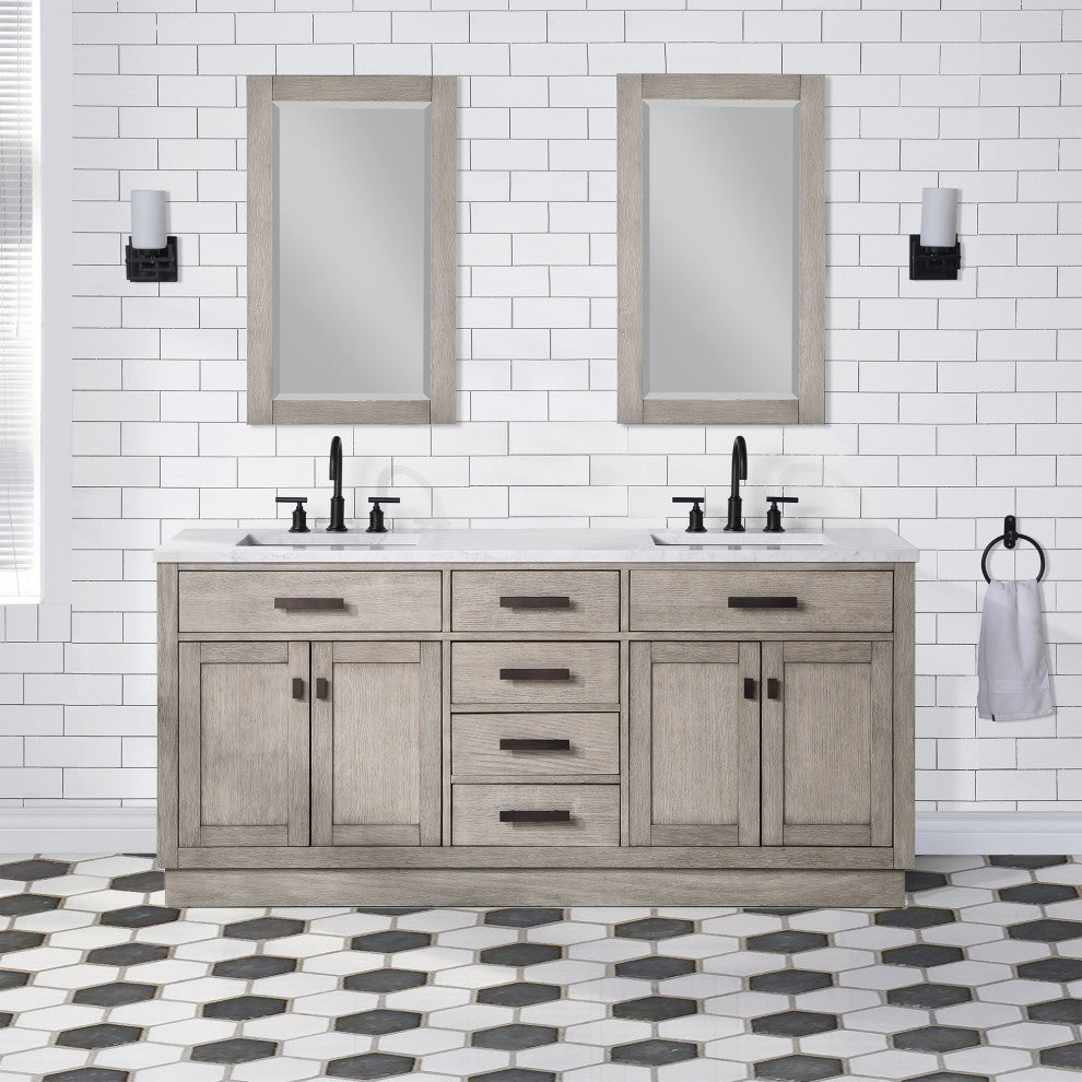 Water Creation Chestnut 72" Bath Vanity, Grey Oak, Oil-Rubbed Bronze Hardware, With Mirror(s) and Faucet(s)