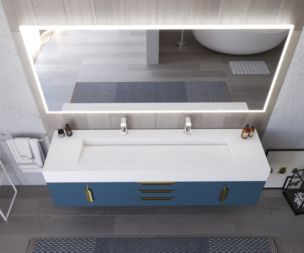 CastelloUSA Nile 72" Wall Mounted Bathroom Vanity Set, Blue, White Top, Gold Handles