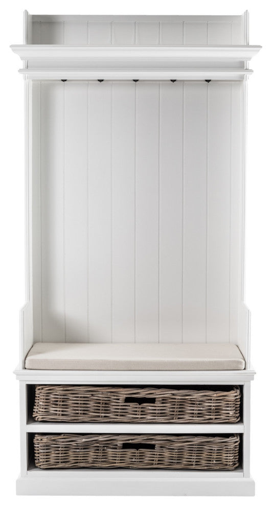Classic White Entryway Coat Rack and Bench With Baskets