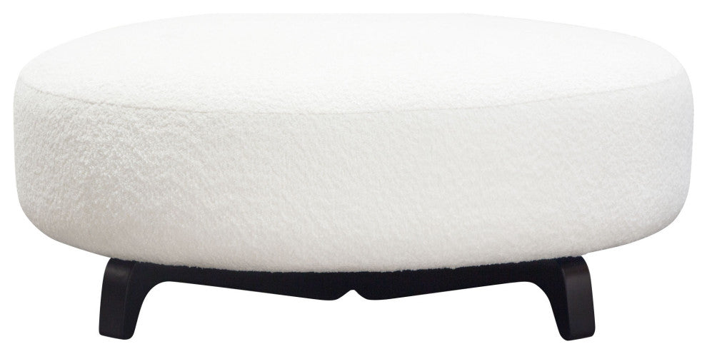 Vesper Round Ottoman, Faux White Shearling, Black Wood Leg Base