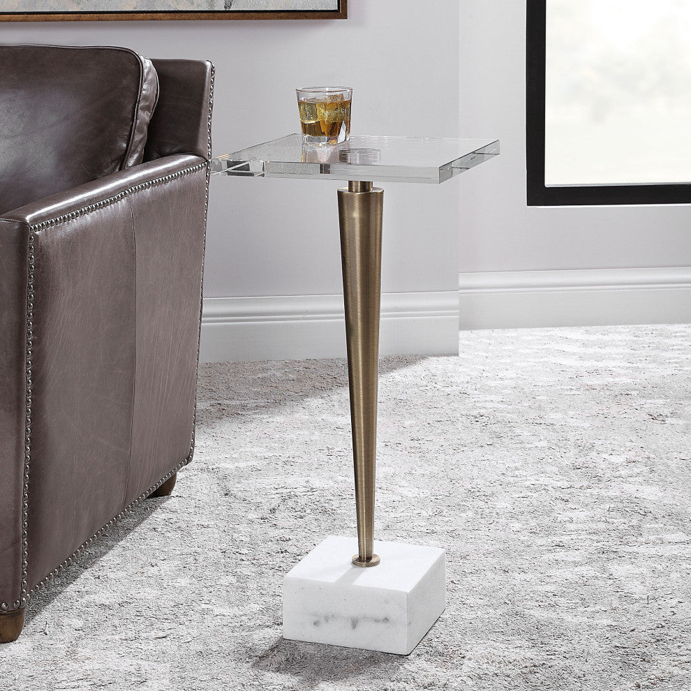 Luxe Tapered Gold Metal Pedestal Table White Marble Crystal Top Square Drink