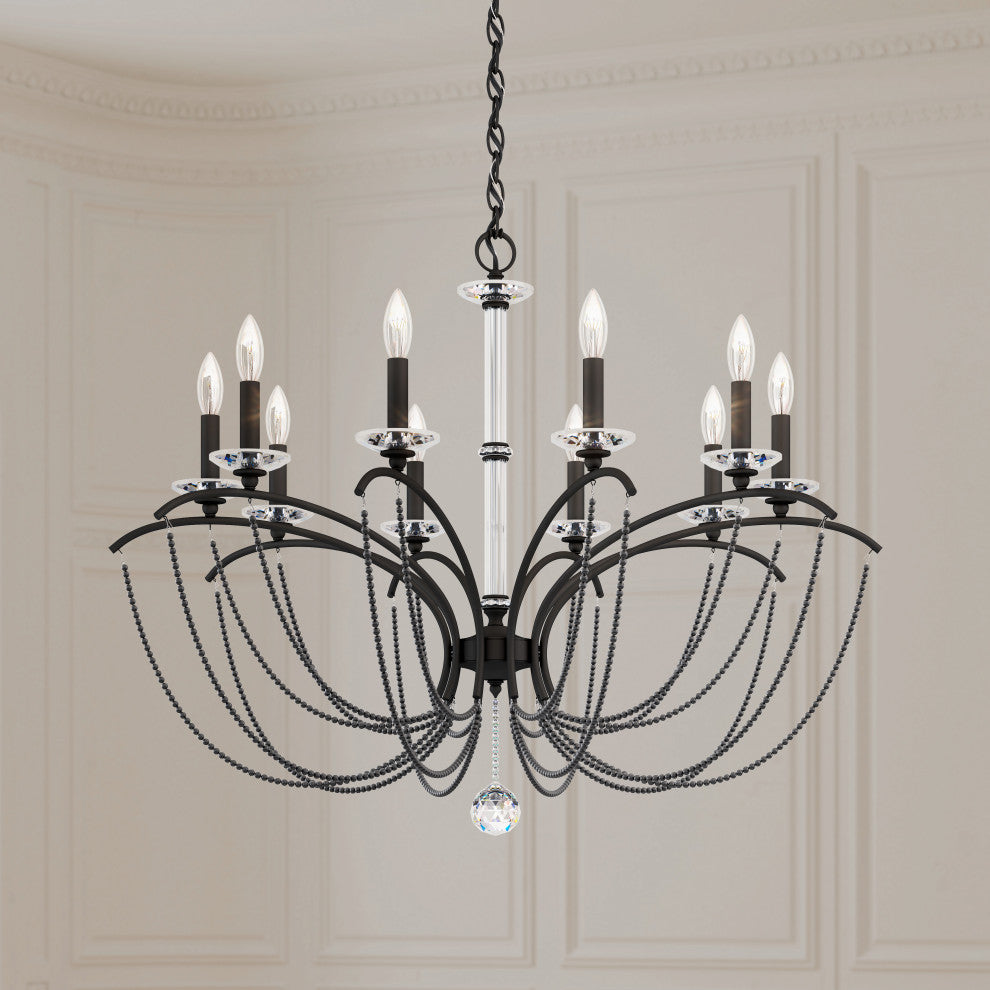 Priscilla 36x28" 10 Light Chandelier, Black Matte, In Dark Gray Pearl