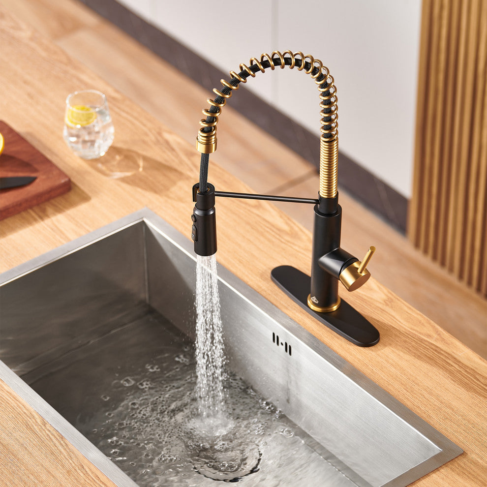 Kitchen Sink Faucet 1.8 GPM with Pull Down and 3 Models Sprayer Single Handle, Matte Black+brushed Gold
