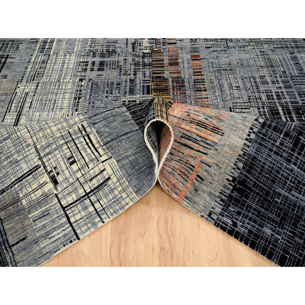 Black and Gray Ghazni Wool and Silk Modern Design Hand Knotted Rug, 8'0"x10'0"