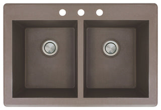 Radius 33" silQ Granite Double Bowl Kitchen Sink with 3 Holes in Espresso