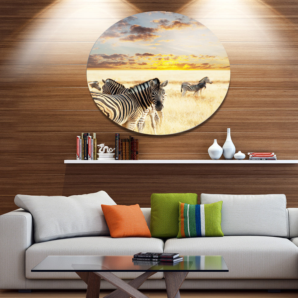 Zebras Walking In Bush Under Clouds, African Disc Metal Wall Art, 23"