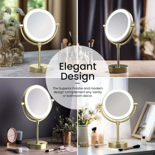 Circular LED Free Standing Magnifying Make Up Mirror, Brushed Gold