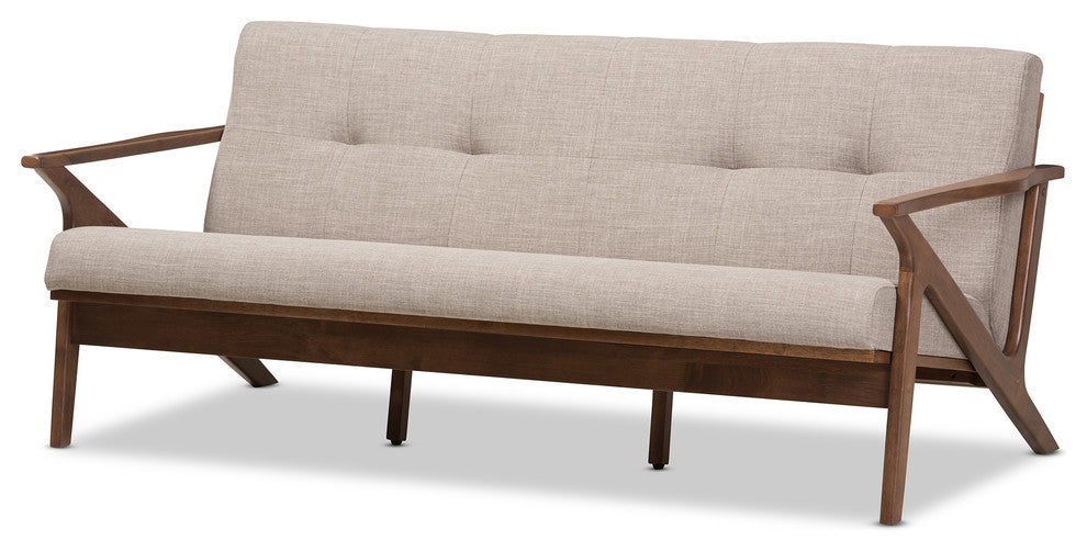 Bianca Mid-Century Walnut Wood Light Gray Fabric Tufted 3-Seater Sofa